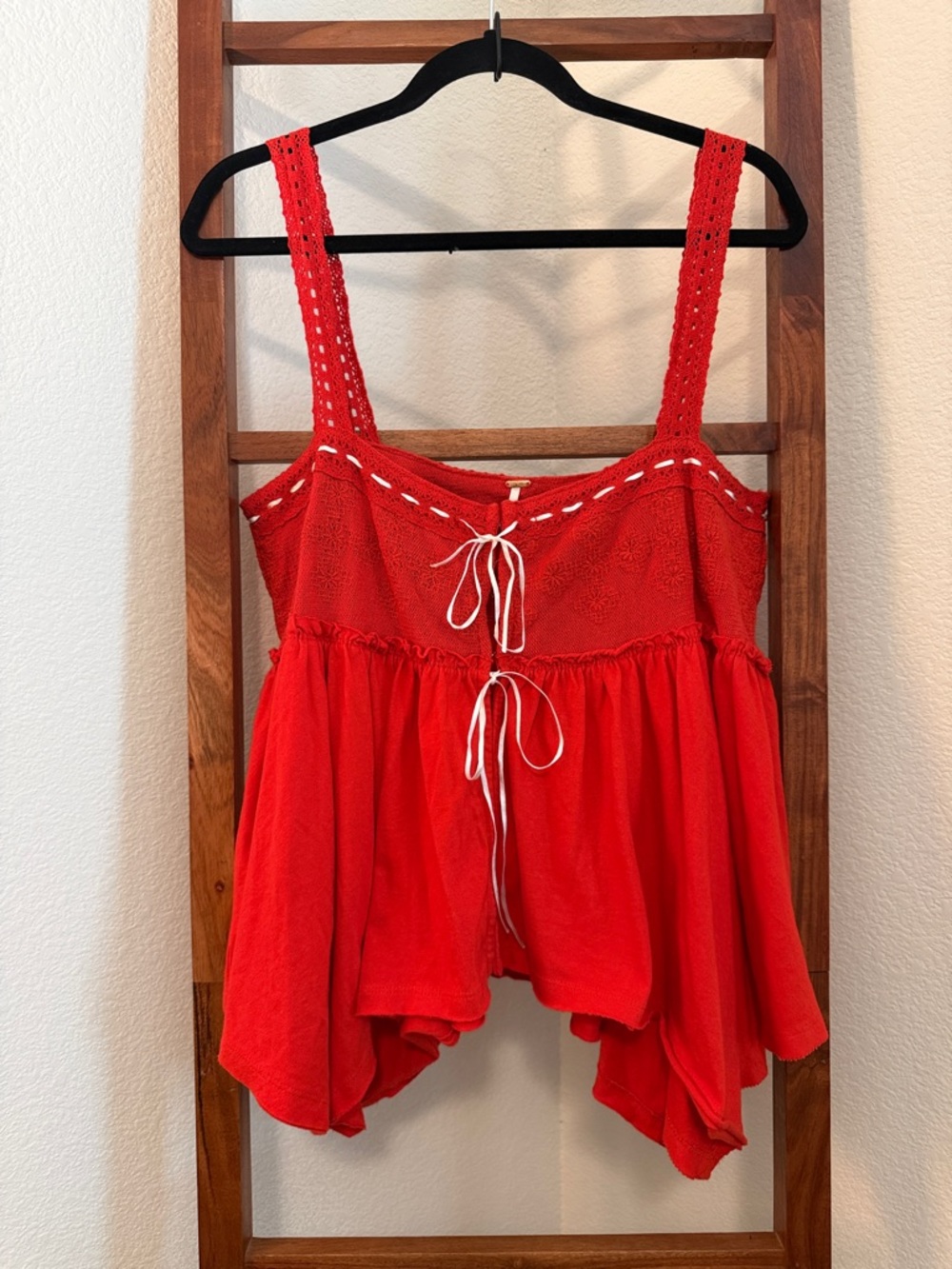 Free People Melrose Knit Fiery Red Crochet Strap Tie-Front Babydoll Tank XL